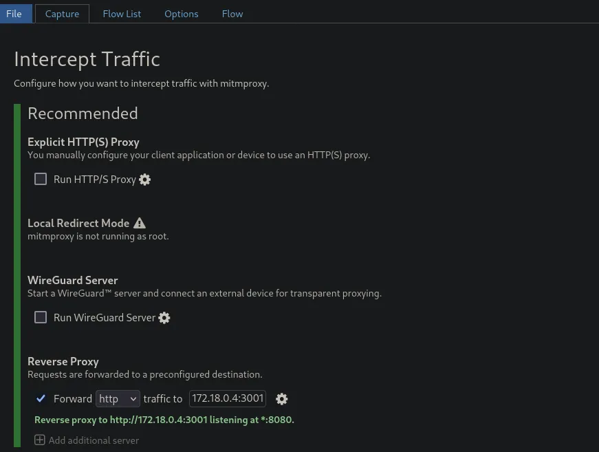 Configurazione di MITMProxy per inoltrare il traffico al container